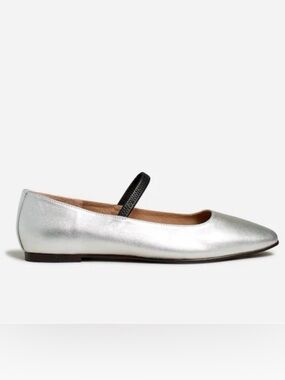 Madewell Silver Leather Mary Jane Flat with Black Strap